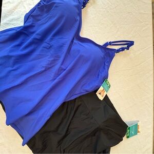 NWT Christina Blue and Black Tankini Swimwear Set Gold Accents on Straps Sz XL